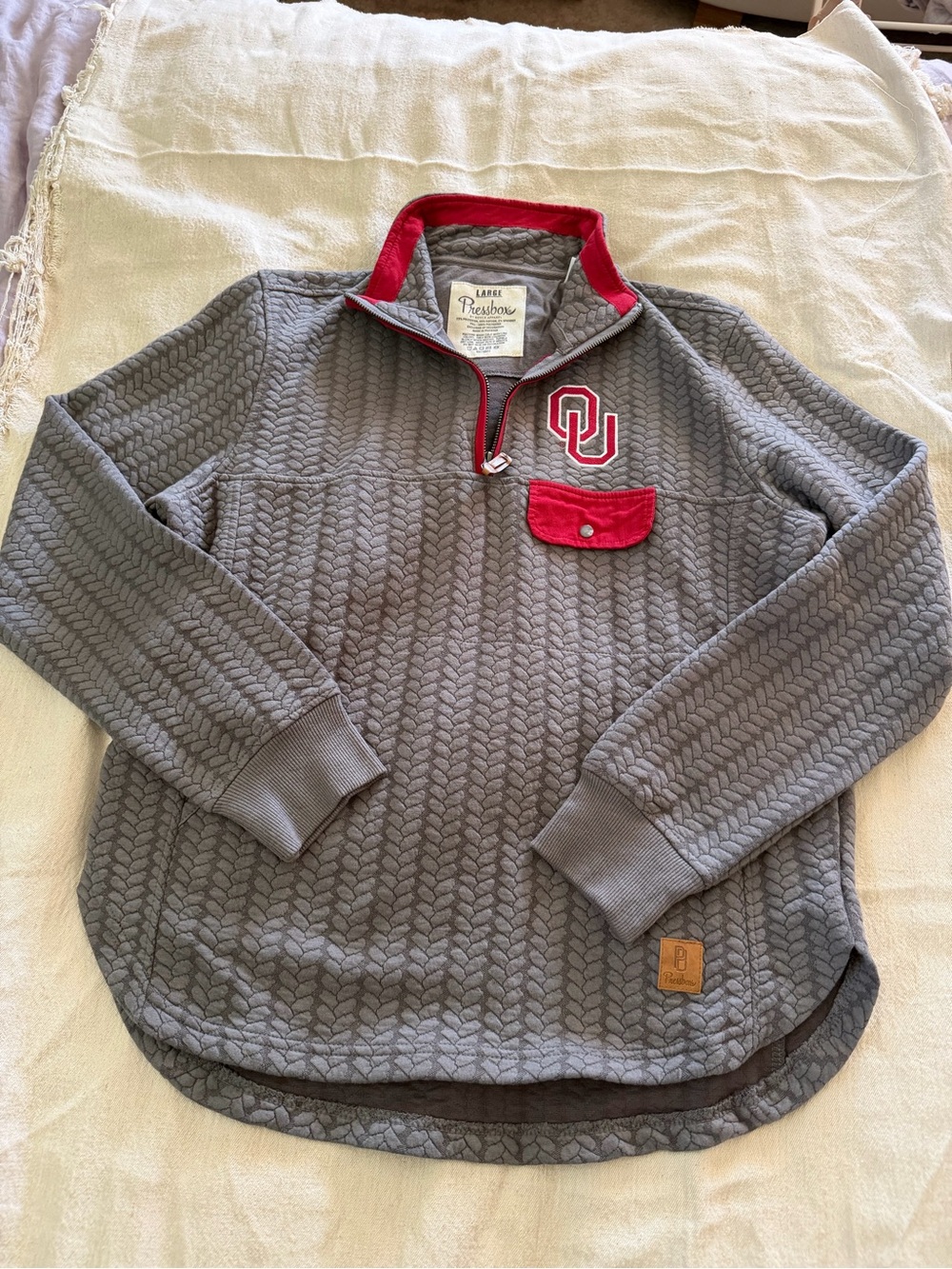 Pressbox Gray Quilted Half-Zip Sweater with Red Trim